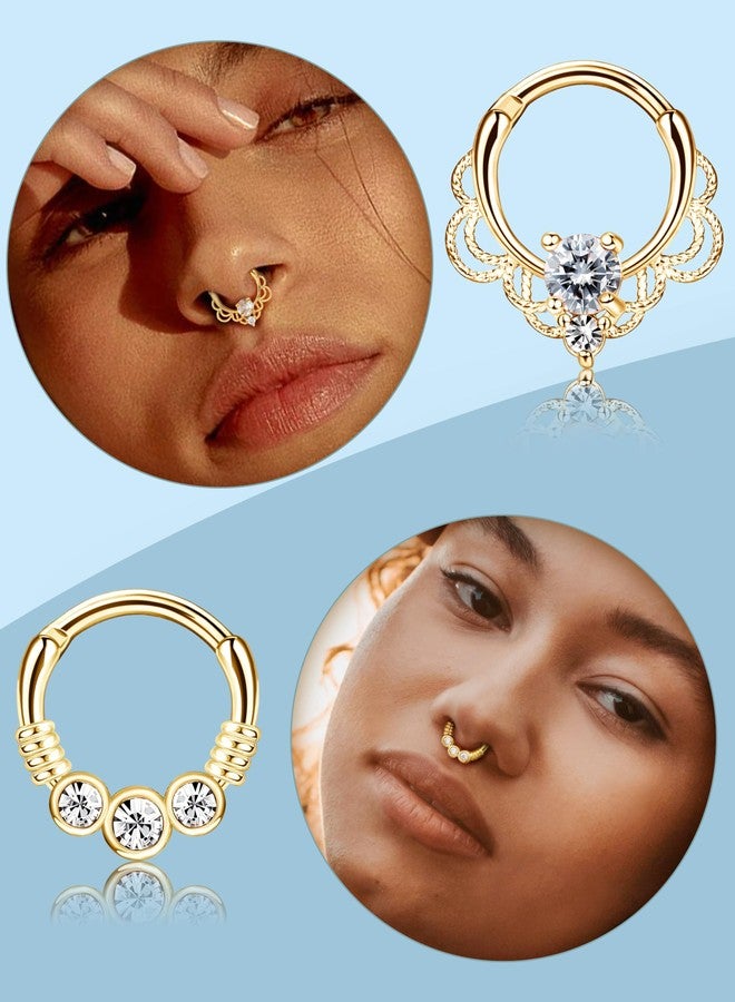 Drperfect 9PCS 16G Septum Rings Opal Daith Earrings Hoop Nose Rings 316L Stainless Steel CZ Cartilage Helix Tragus Earrings Septum Clicker Piercing Jewerly Gold Tone 8MM - Image 2